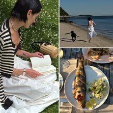 a collage of images featuring Athena Calderone and her travel guide to the Hamptons