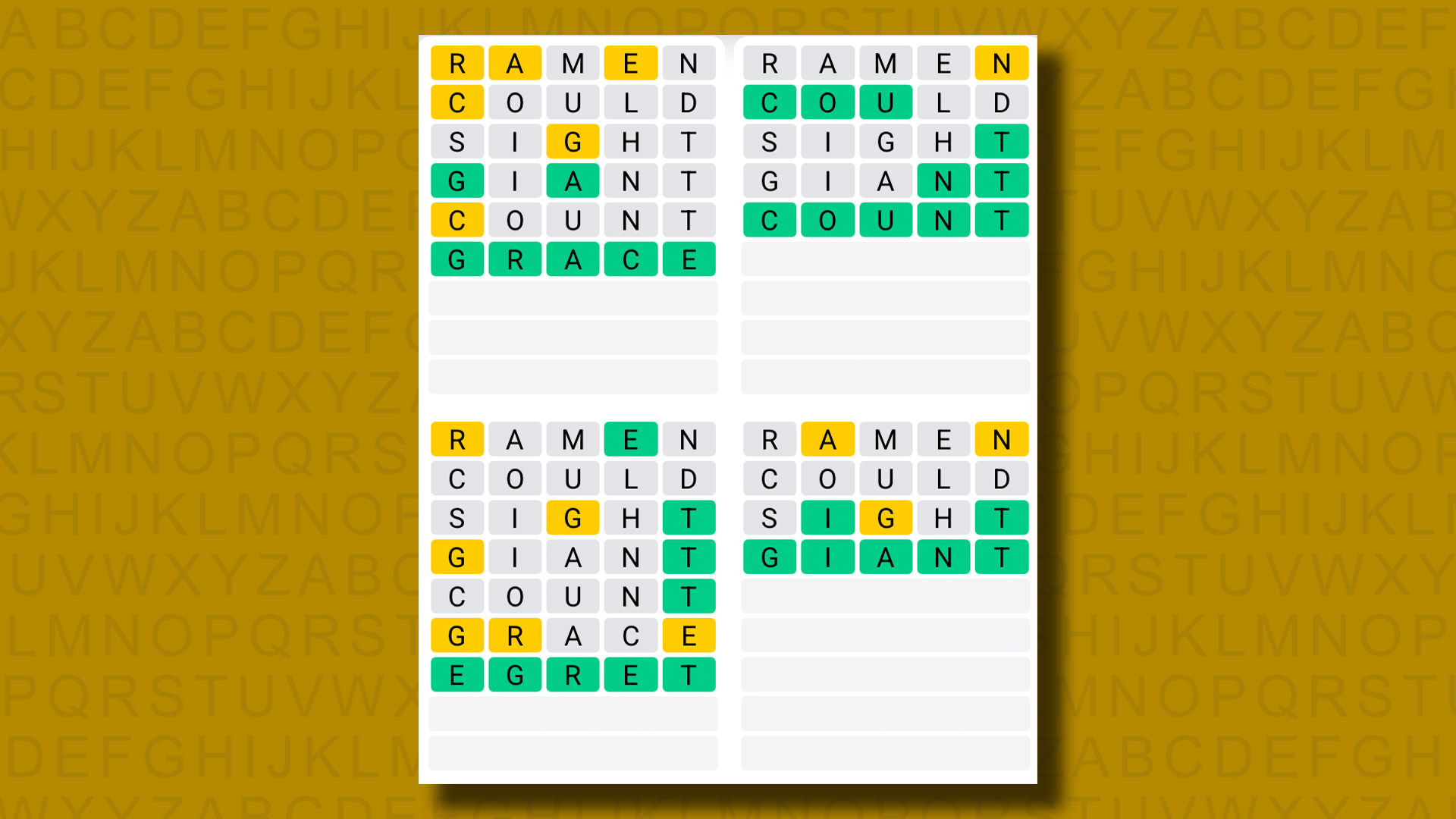 Quordle answers for game 1273 on a yellow background