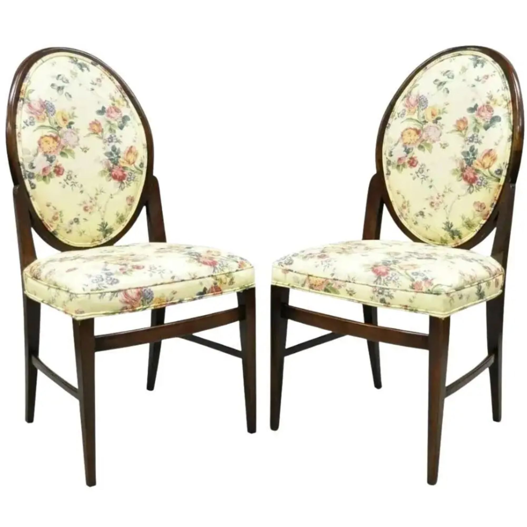 French Art Deco Oval Upholstered Back Mahogany Wood Frame Dining Chairs