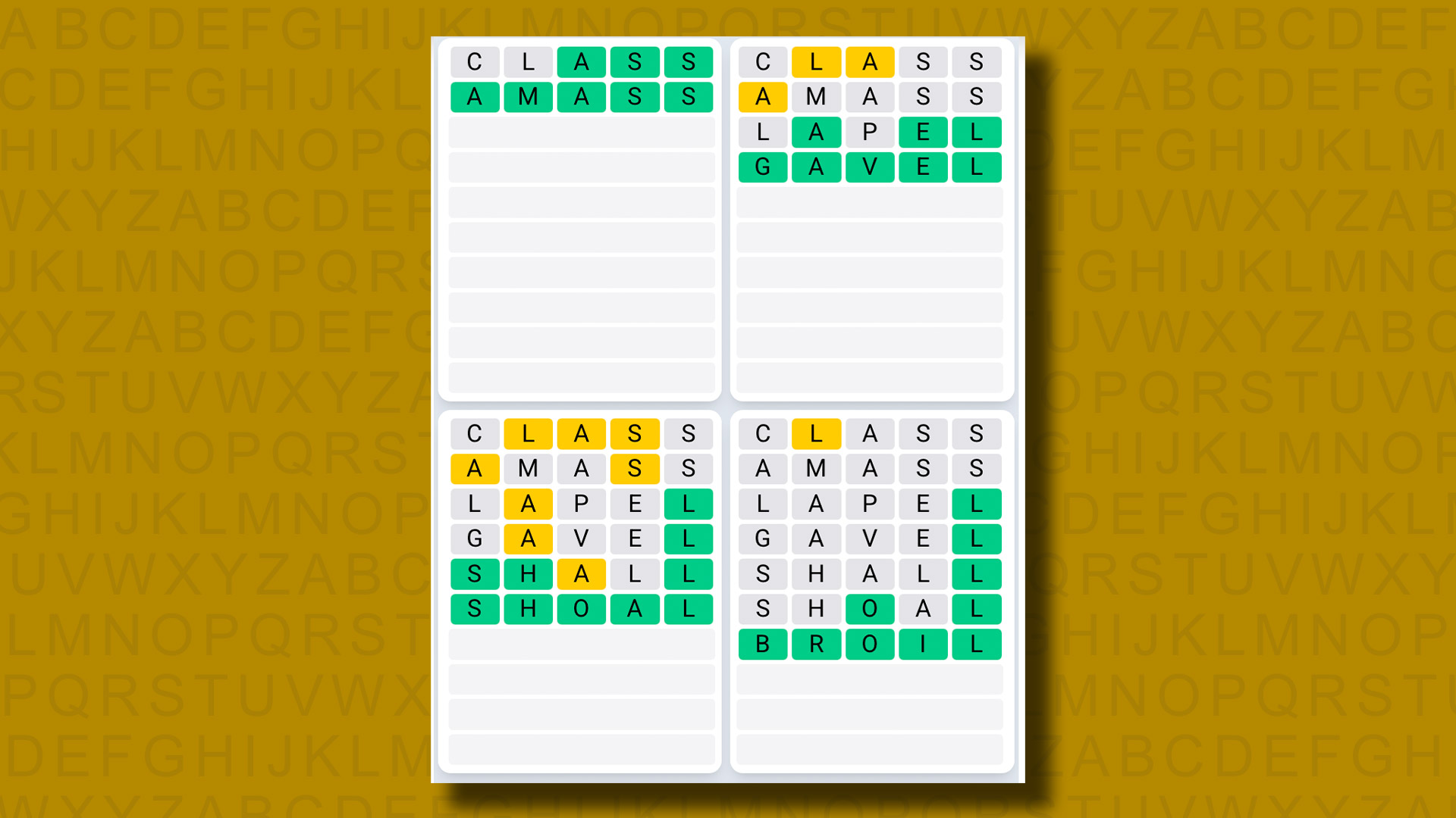 Quordle Daily Sequence answers for game 1299 on a yellow background