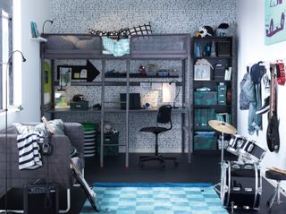 Teen bedroom with high sleeper bed and desk space underneath