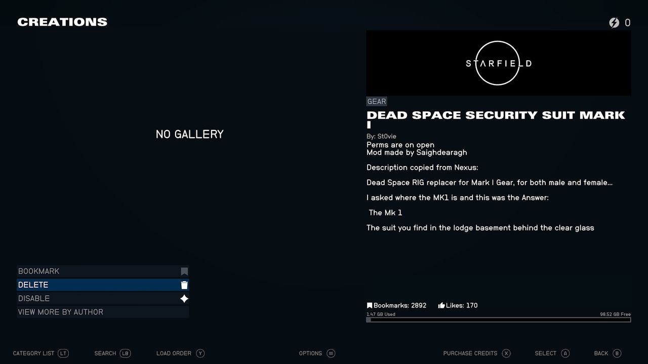 Screenshot of Starfield mods
