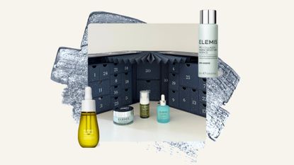 Image of Elemis Advent Calendar 2025 open with three products in front, on a neutral background with a silver glitter swatch and two Elemis bottles
