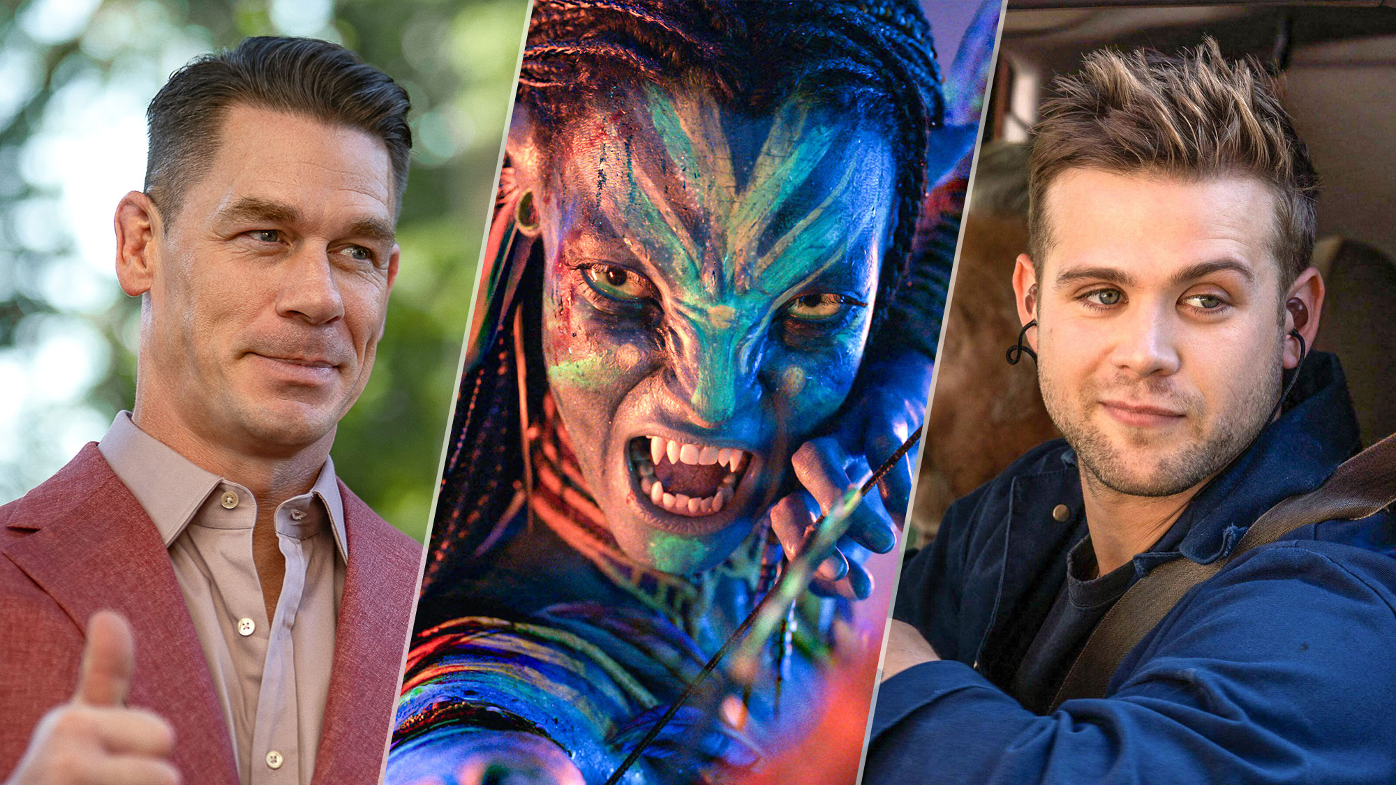 (L-R) John Cena as Rudd in "Little Brother," Zoe Salda&ntilde;a as Neytiri in "Avatar: Fire and Ash," and Leo Woodall as Niki White in "Tuner"