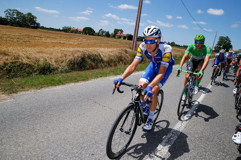 Julien Vermote leads Marcel Kittel during stage 14 at the Tour de France