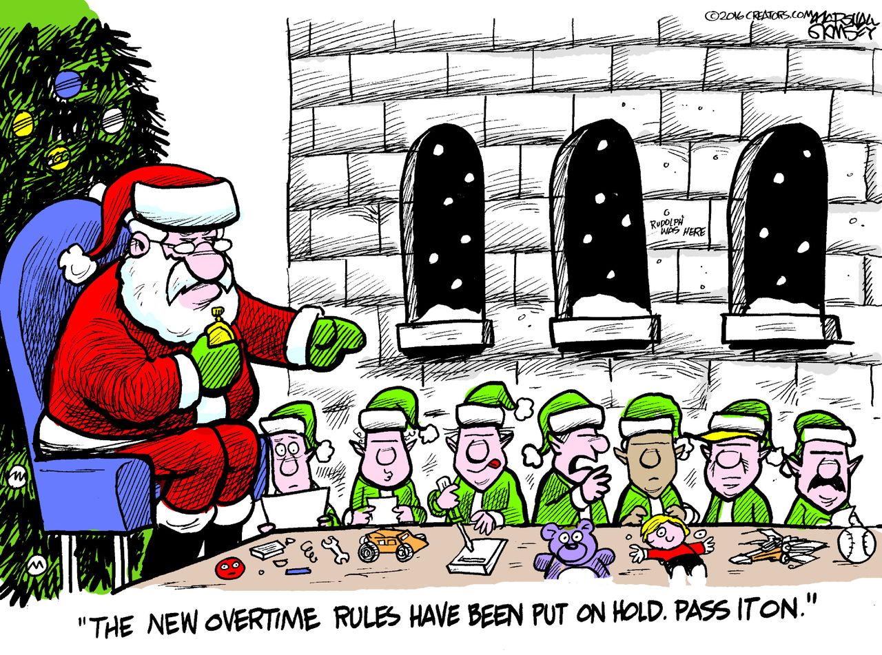 Editorial cartoon U.S. Santa Claus Christmas overtime rules