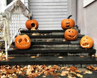 carved pumpkins on porch steps