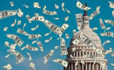 rendering of the top of the US capitol building with money flying around it