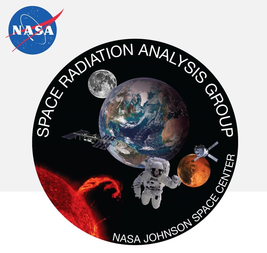 A circular logo with an astronaut floating above the Earth in space with the sun to the bottom right of the circle and the words "Space Radiation Analysis Group" at the top of the logo