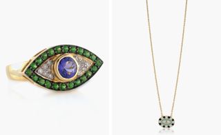 Holly Dyment’s evil eye ring Right: Holly Dyment’s blue enamel mini evil eye pendant