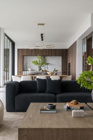 Black velvet couch in an open-plan living-dining room