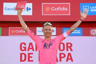 ALTO DE LA MONTAA DE CULLERA SPAIN AUGUST 19 Magnus Cort Nielsen of Denmark and Team EF Education Nippo celebrates at podium as stage winner during the 76th Tour of Spain 2021 Stage 6 a 1583km stage from Requena to Alto de la Montaa de Cullera 184m lavuelta LaVuelta21 on August 19 2021 in Alto de la Montaa de Cullera Spain Photo by Stuart FranklinGetty Images