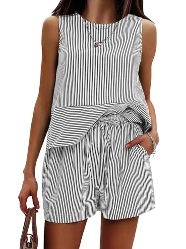 Exlura Women's Summer 2 Piece Outfits Sleeveless Tank Top Matching Shorts Sets Cotton Striped Sweatsuits Vacation Beach 2025