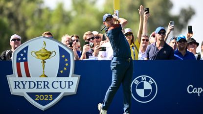 Rory McIlroy hits a tee shot at the Ryder Cup 