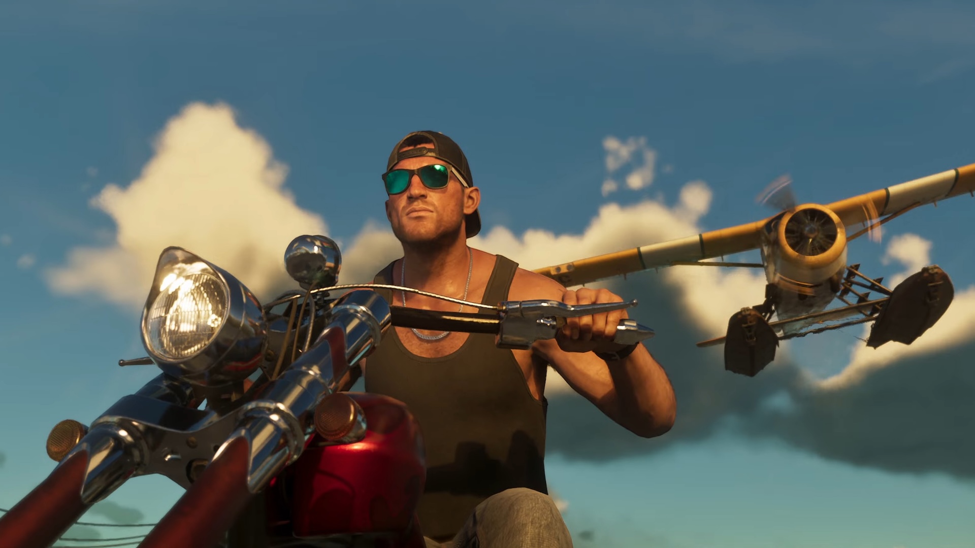 A yellow biplane chases Jason on a red motorbike