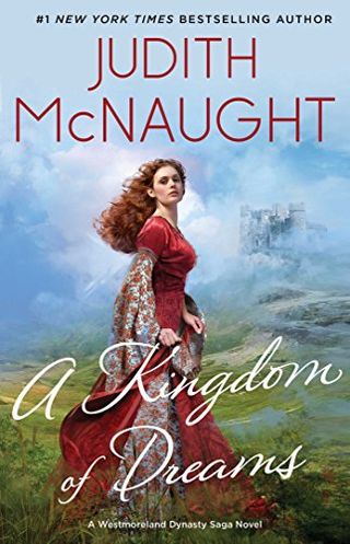 A Kingdom of Dreams book cover with a woman in a red medieval dress on a hillside