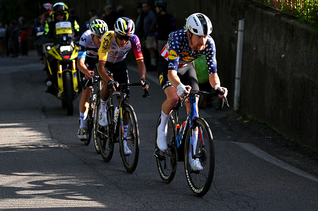 VARESE, ITALY - OCTOBER 07: (L-R) Egan Bernal of Colombia and Team INEOS Grenadiers and Quinn Simmons of of The United States and Team Lidl - Trek compete in the breakaway during the 104th Tre Valli Varesine 2025 a 200.3km one day race from Busto Arsizio to Varese on October 07, 2025 in Varese, Italy. (Photo by Tim de Waele/Getty Images)