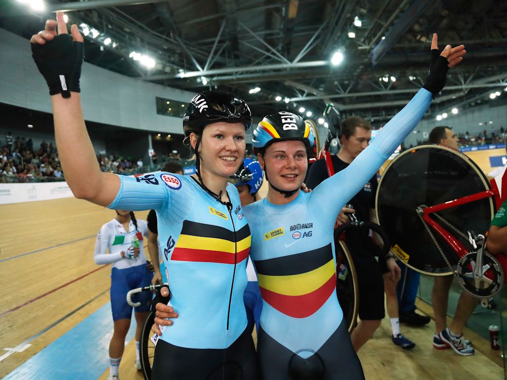 Jolien D'Doore and Lotte Kopecky of Belgium celebrates after winning Women's Madison Final on Day 4 in 2017 UCI Track Cycling World Championships