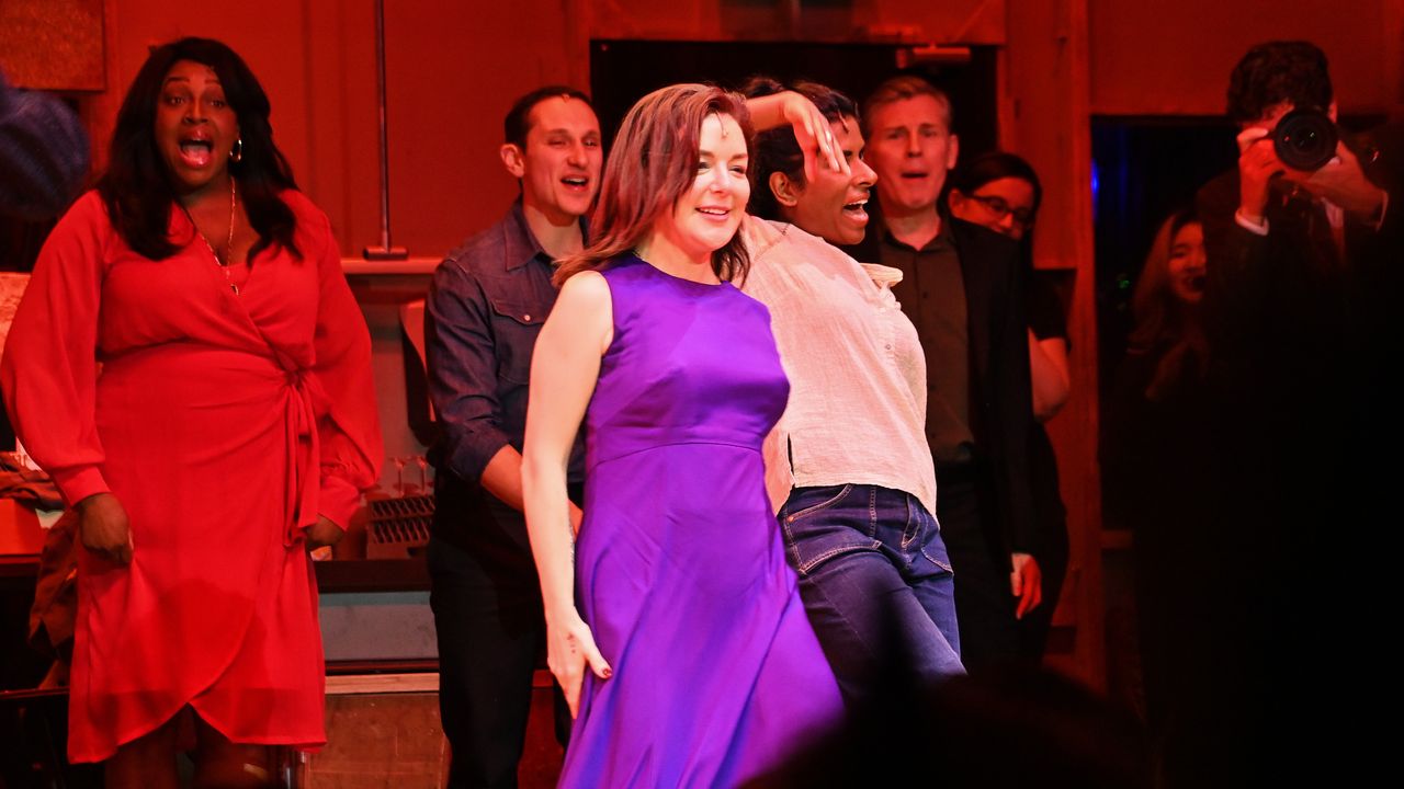 Sheridan Smith in a purple dress onstage during the press night performance of &#039;Opening Night&#039;