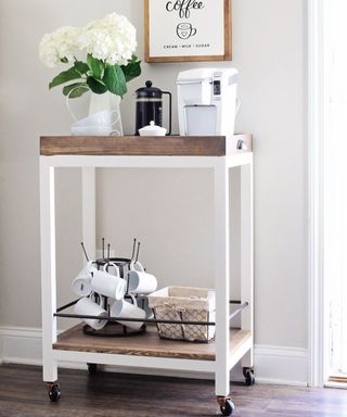 DIY coffee bar cart in white with homeware accessories