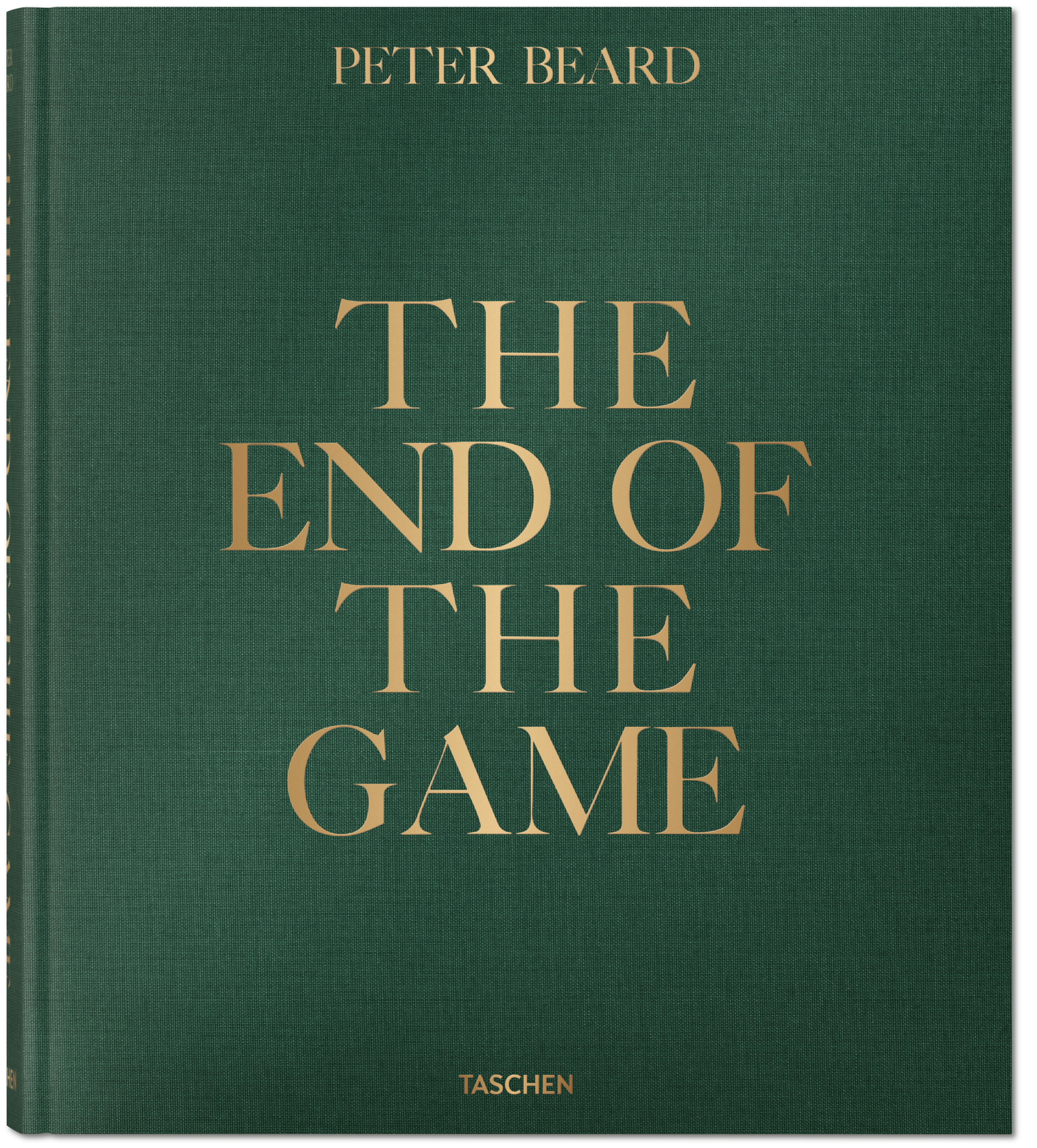 The dark green, textured cloth cover of a book titled "THE END OF THE GAME" by Peter Beard in gold lettering.
