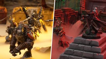 A Kroot warrior riding a Krootox charges, yelling, while a witch hunter stands atop steps in a red-tinged ruin