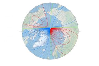 This map shows the location of the north magnetic pole (the white star) and the magnetic declination (see contour interval of 2 degrees) at the beginning of 2019.
