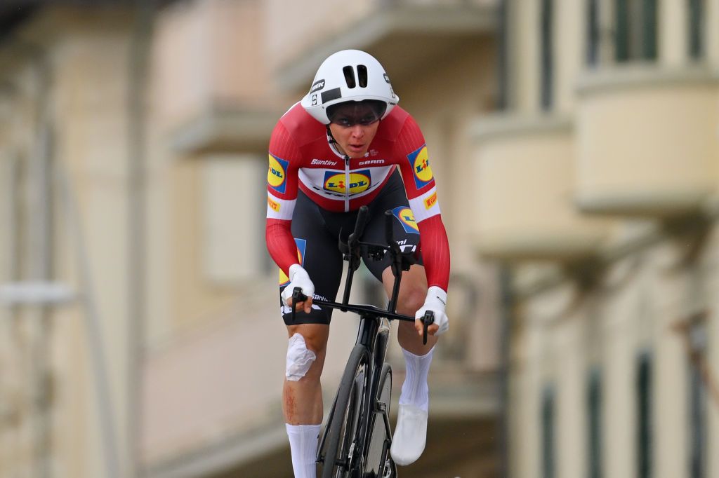 LIDO DI CAMAIORE ITALY MARCH 04 Toms Skuiins of Latvia and Team LidlTrek sprints during the 59th TirrenoAdriatico 2024 Stage 1 a 10km individual trial time from Lido di Camaiore to Lido di Camaiore UCIWT on March 04 2024 in Lido di Camaiore Italy Photo by Tim de WaeleGetty Images