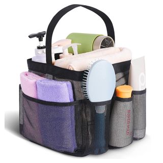 A black mesh shower caddy with handle, full of shower products