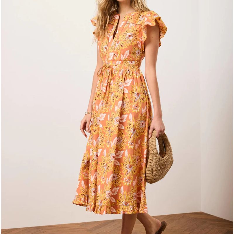 Mint Velvet , Orange Floral Print Cotton Midi Dress