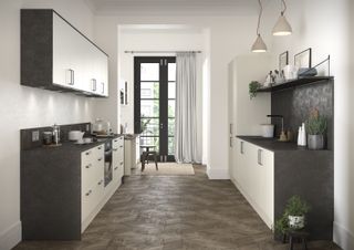 black and white galley kitchen layout
