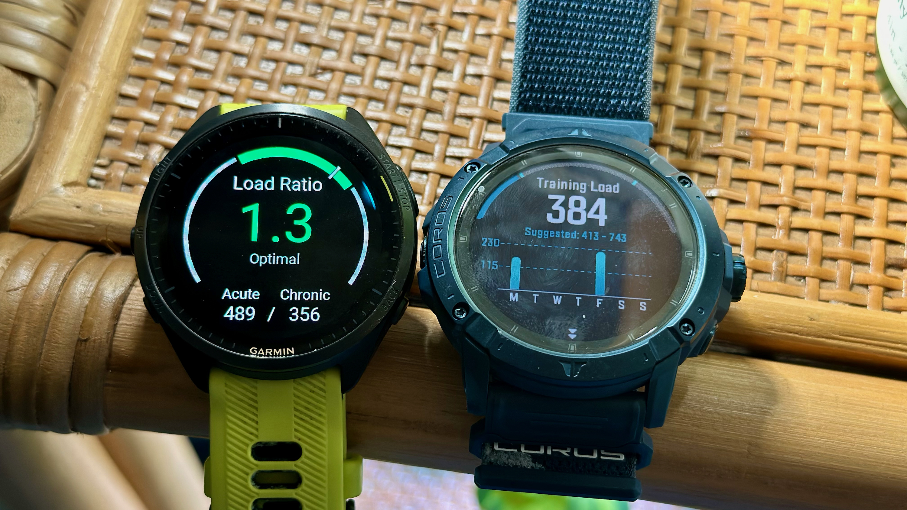 Training load acute/chronic ratio on the Garmin Forerunner 965 and suggested training load on the Coros Vertix 2S.