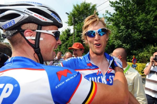 Stijn Devolder, left, congratulates Quick Step teammate Jurgen Van De Walle for his victory.