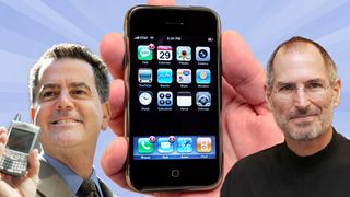 Ed Colligan, president and CEO of Palm, Inc., holds a Palm Treo in 2006, along with Steve Jobs and the original first iPhone from 2007