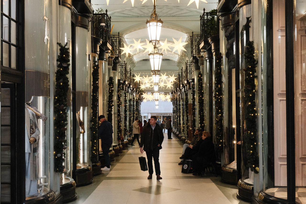 Interior of a shopping arcade decorated for Christmas