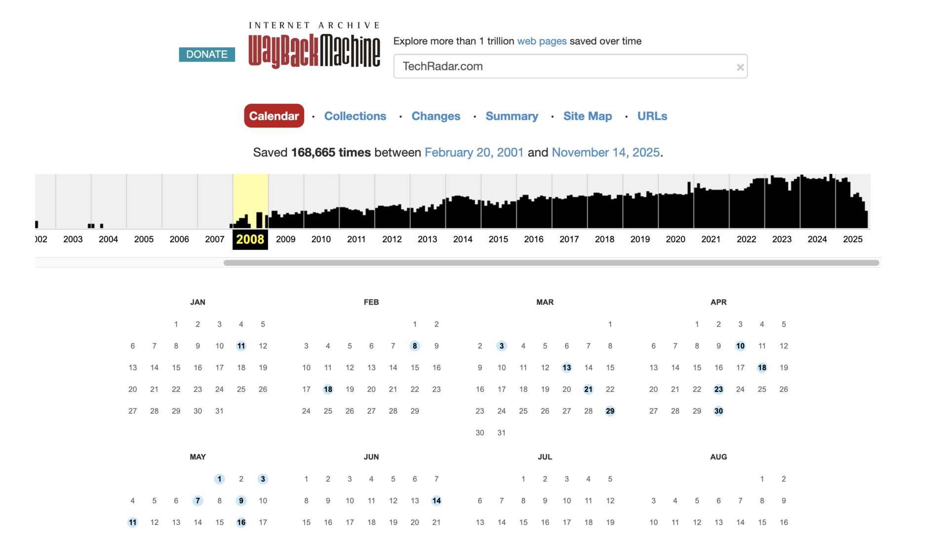 Wayback Machine result for TechRadar.com