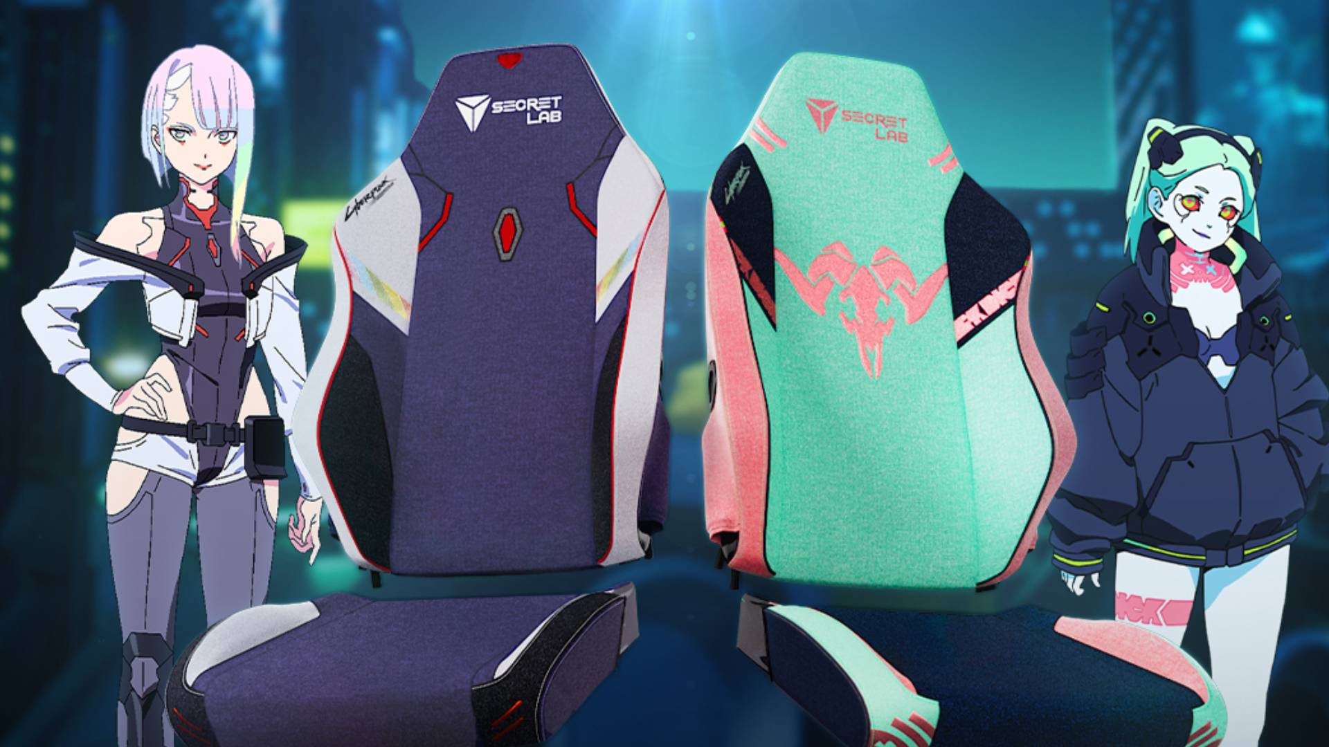Official promo image of the Lucy and Rebecca Edition Secretlab gaming chair covers, side by side.