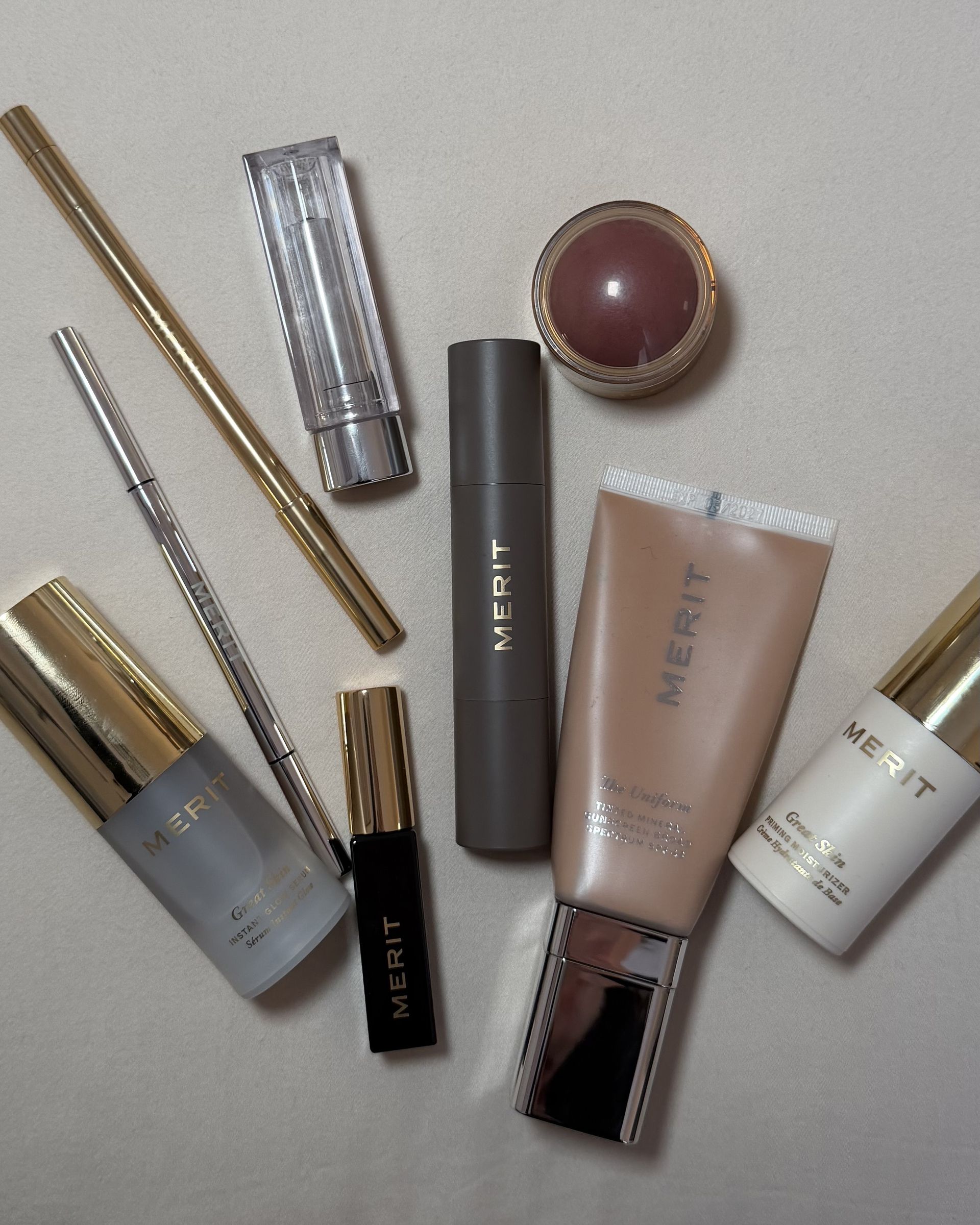 Brascia's assortment of go-to Merit beauty products.