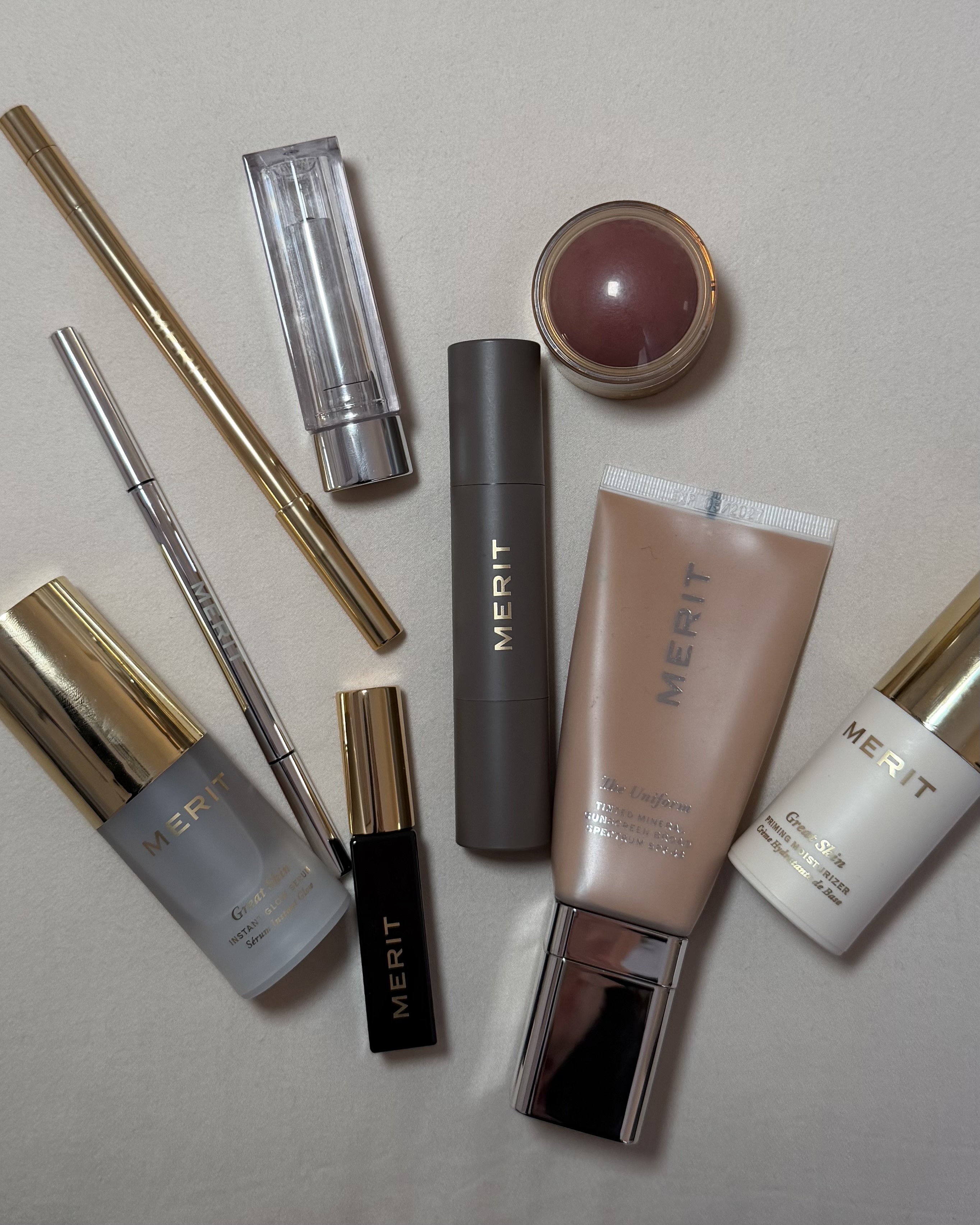 Brascia's assortment of go-to Merit beauty products.