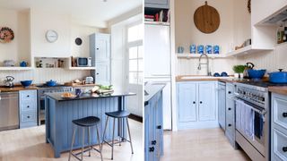 Blue painted kitchen cabinets to suggest a good cheap home improvement