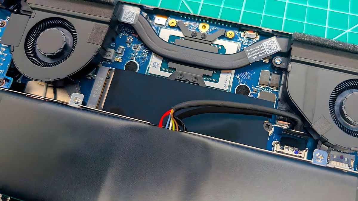 A closeup of the ROG Xbox Ally X's SSD inside the handheld.