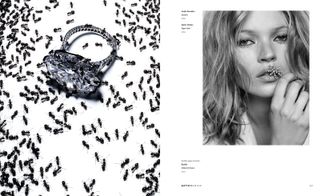 pages from book, including image of ants over a ring, and Kate Moss holding jewellery to mouth