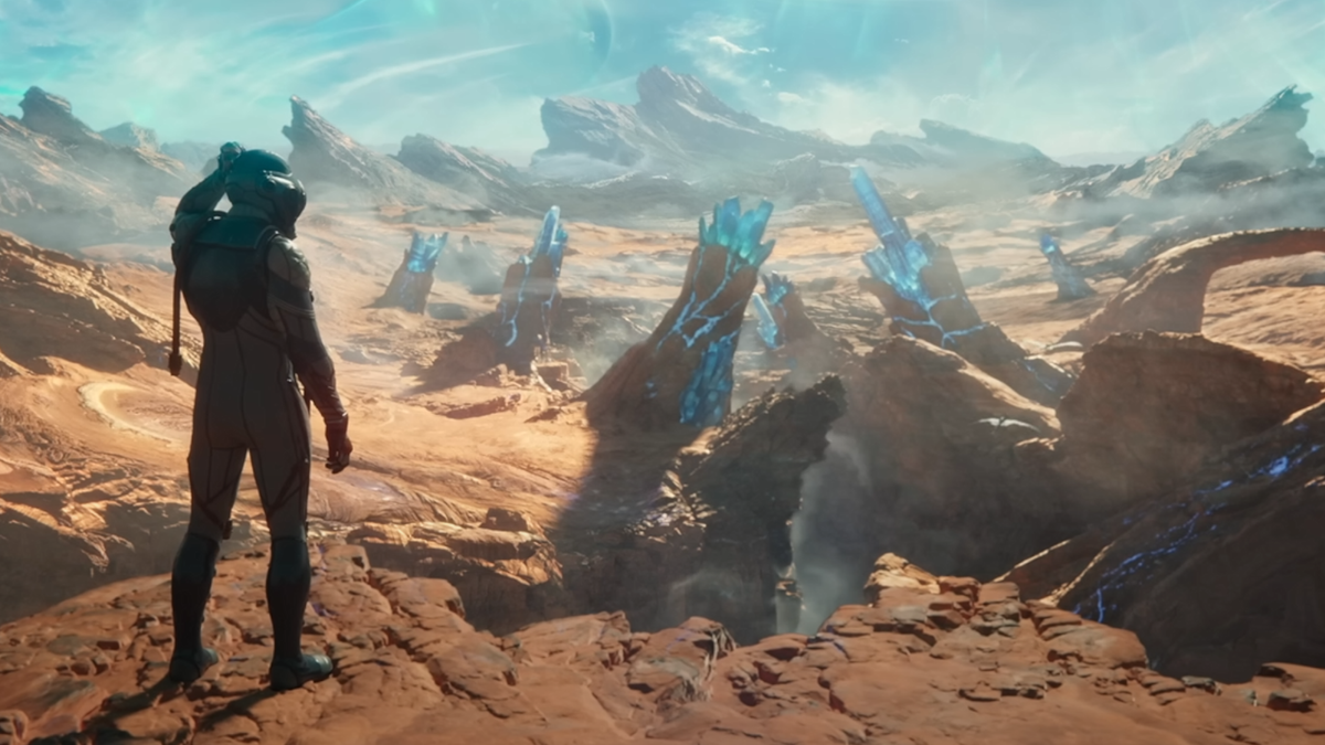 A character from the Outer Worlds 2 trailer scratches their own head, as their silhouetted design hasn&#039;t been designed on by the developers yet. The chasm looks pretty, though.