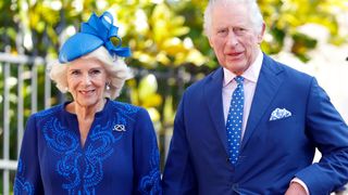 Camilla, Queen Consort and King Charles III attend the traditional Easter Sunday Mattins Service at St George's Chapel, Windsor Castle on April 9, 2023 in Windsor, England