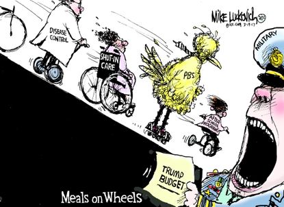 Political Cartoon U.S. Trump Budget cuts PBS EPA Meals on Wheels