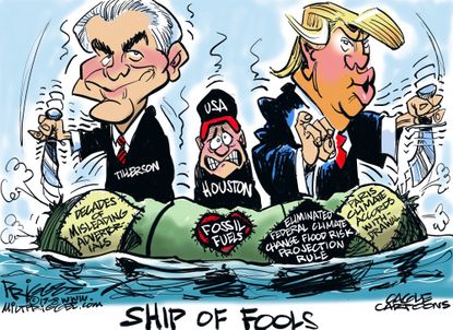 Political cartoon U.S. Trump Tillerson climate change Harvey