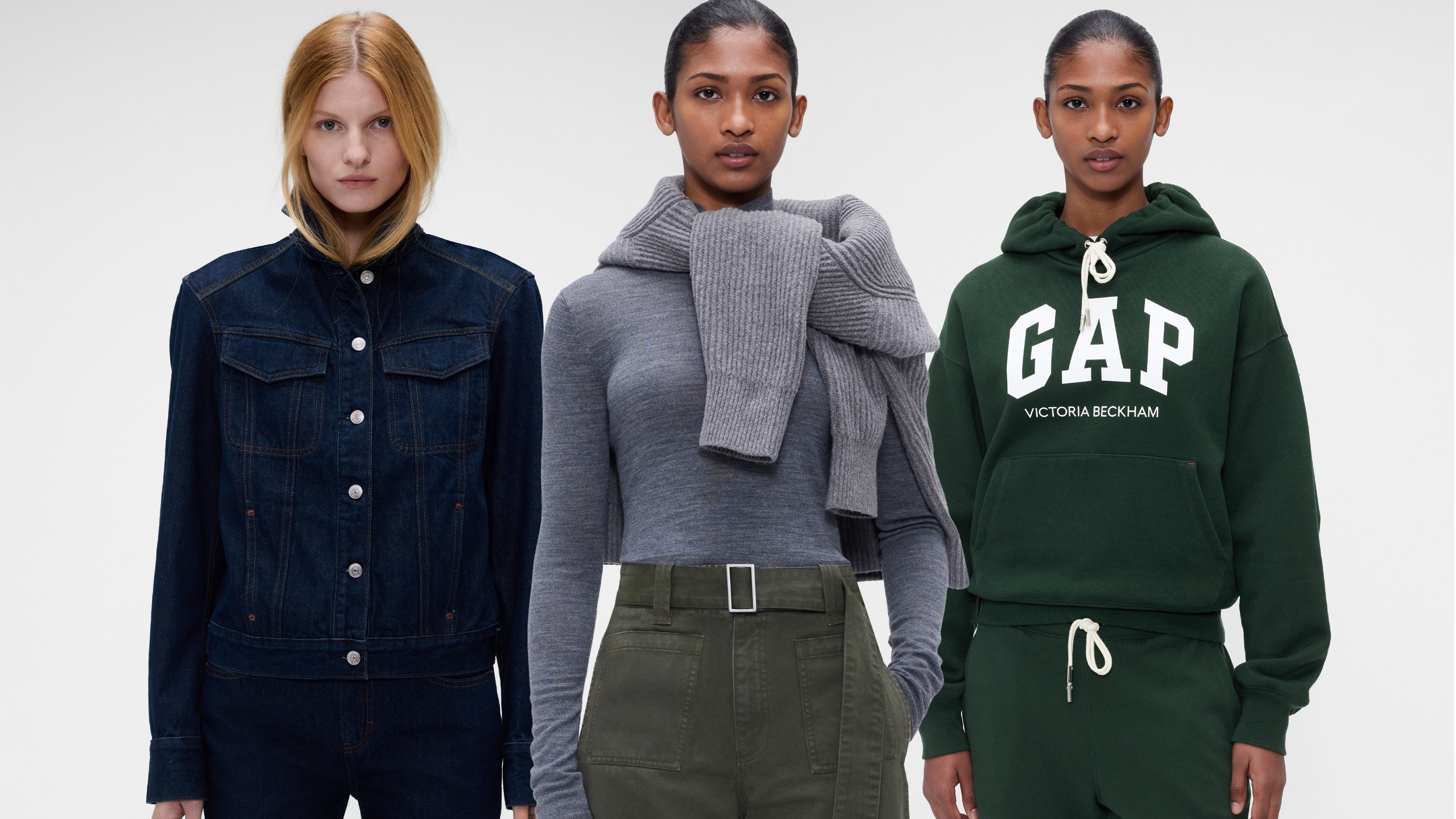 three models wear the gap x victoria beckham colleciton.