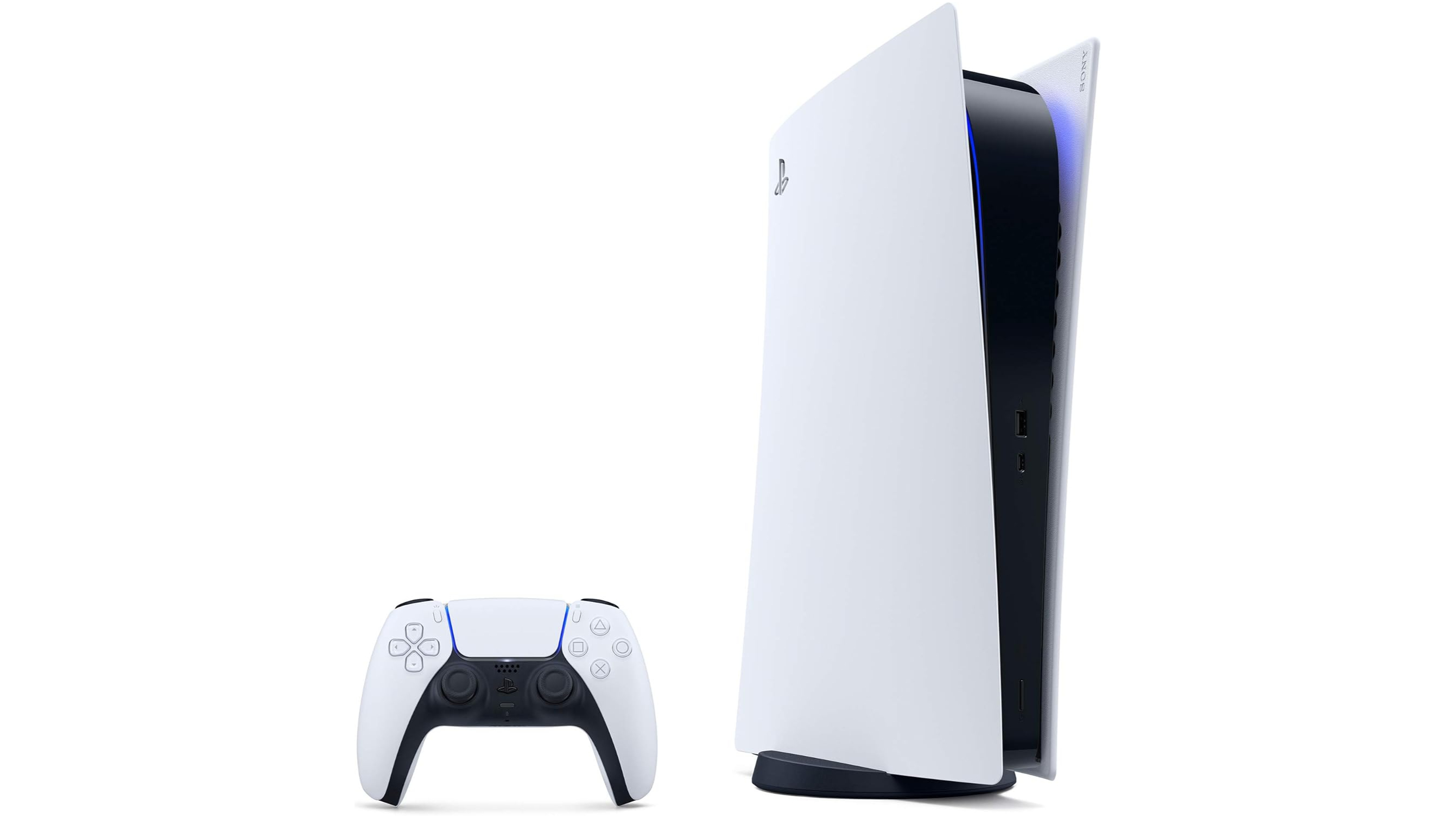 The PS5 Digital Edition pictured alongside a DualSense controller against a white background