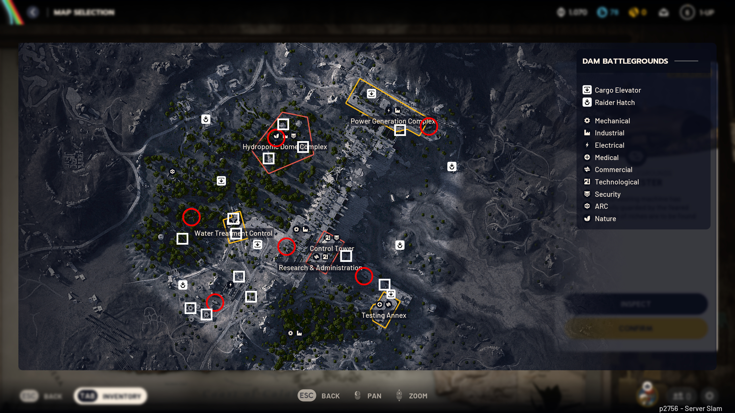 Arc Raiders Field Crate locations: An annotated Dam Battlegrounds map using red circles to show the location of Field Depots and white squares to represent field crates.