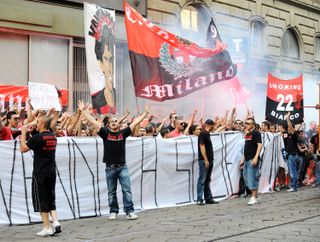 Hundreds of AC Milan outside club headquarters demostrate against the proposed sale of Kaka to Real Madrid in 2009.
